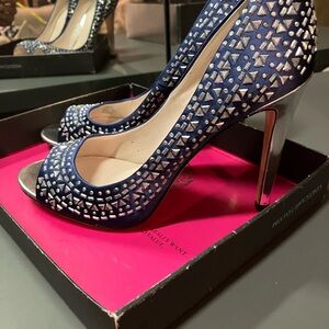 Vince Camuto Navy Blue Studded Peep-Toe Pumps